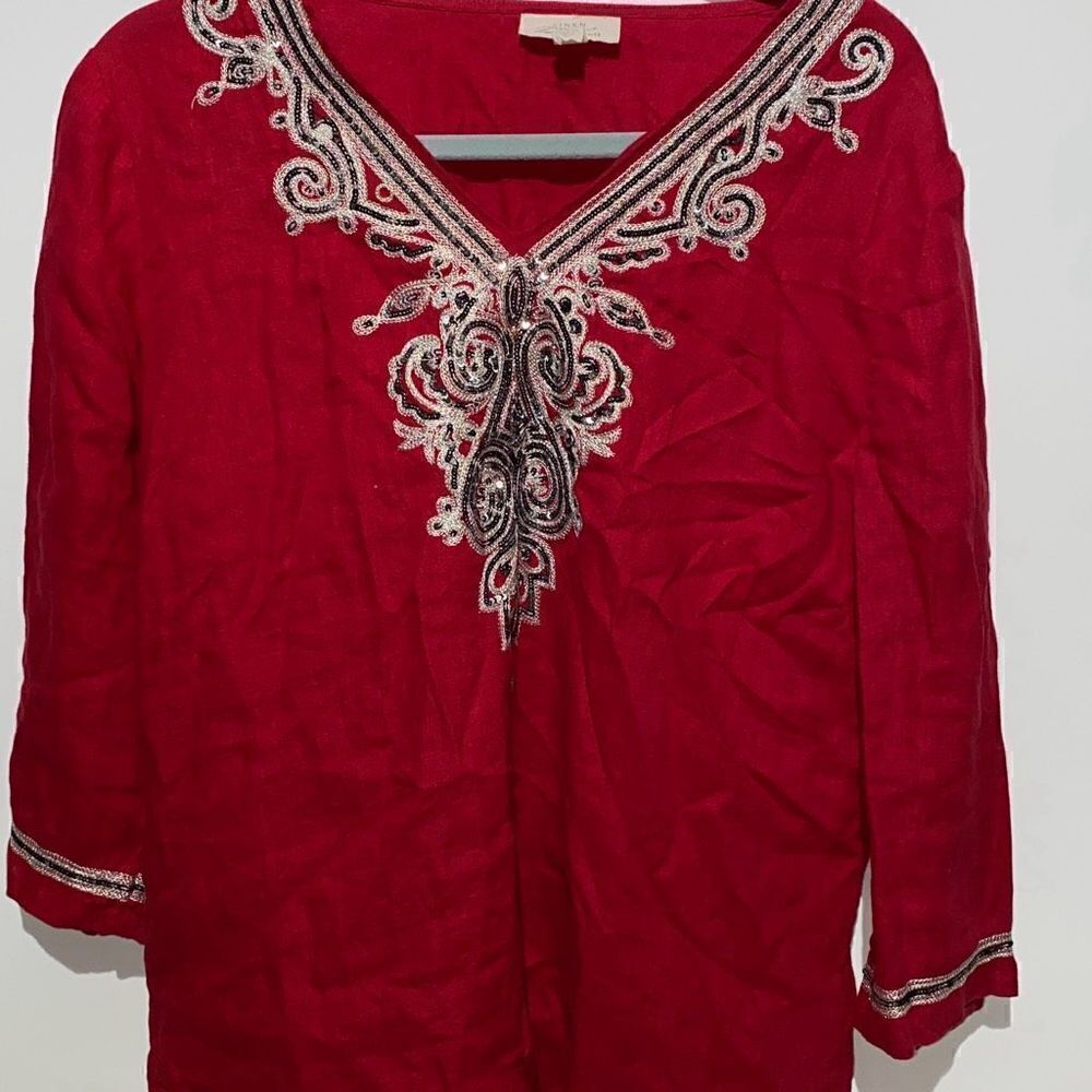 Charter Club Luxury Women's Red Linen Embellished Tunic Blouse Size P/XL